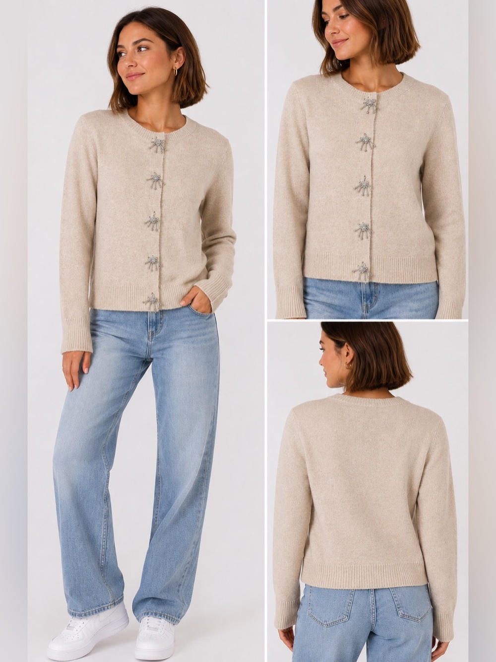 JIANHU Beige Embellished Button Cardigan Sweater Medium Soft Knit Cozy Chic